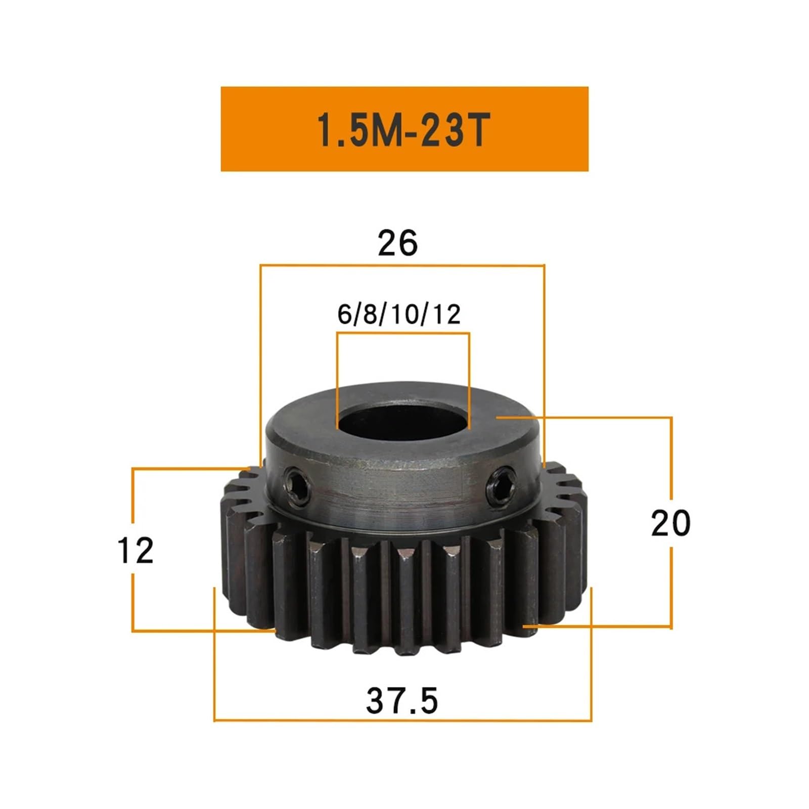 Bevel Gear Pinion Hardware Mechanical Cylindrical Gear 1.5M-23T/24T Bore 12mm Teeth Thickness 12 Mm Blackening Carbon Steel Gears for Transmission(1.5M23T)