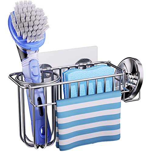 Hapirm Multifunctional Sponge Holder For Kitchen Sink, Two Installation Methods Kitchen Sink Organizer, Rustproof Stainless Steel Sink Caddy For Sponge, Towel, Brush And Sink Stopper-Silver #TOP14