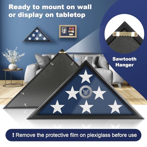 Flag Display Case for Burial Flag, 9.5x5\' Folded Flag Case for Burial Flag, Wooden Flag Box Display Case with Wall Mount, Flag Holder for Veteran Burial Flag Display Case, Military Flag Frame (Black)