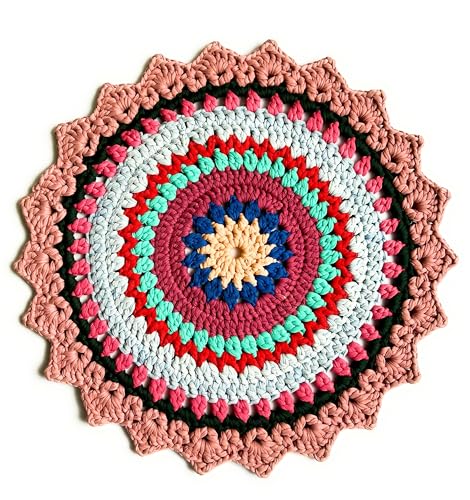 Handmade Crochet Mandala Doily, Multicolor Round Pattern with Blue Center, Decorative Cotton Table Mat (Pink Border)