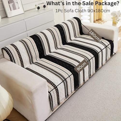 Image of HOMETHREADS Chenille Bohemian Boho Style Sofa Cover | Thick & Soft Luxury Slipcover | Protective, Washable & Stylish Couch Cover for Living Room Decor. (Boho Line Black, 1 Seater Large | 90x180cm)