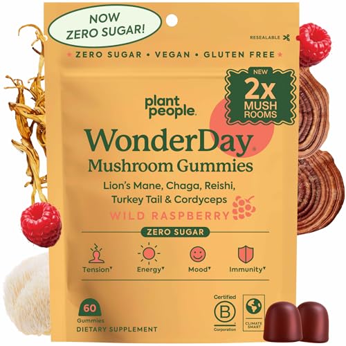 WonderDay Extra Strength Mushroom Gummies Sugar Free Lions Mane Cordyceps Reishi & Chaga Supplement for Adults Mood Boost Energy Focus Immune Support & Gut Health Vegan Non-GMO (60 Count)