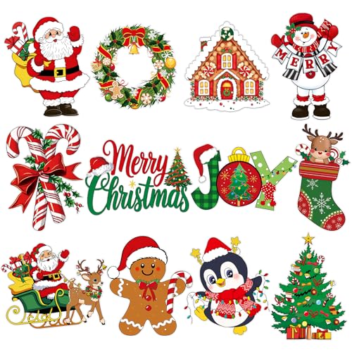 Image of Large 11 inchx14 inch Vintage Christmas Cutouts Decorations Cardboard Cutout Set of 12, Vintage Christmas Red and Green Paper Cut Outs Party Decoration Indoor Outdoor, Retro Paper Xmas Cutouts Wall Decor
