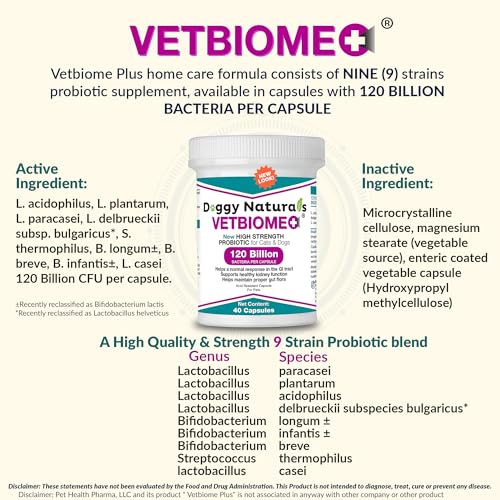 Image of Vetbiome Plus High Strength Probiotics for Pets (160 Capsules) - 120 Billion CFU, 9 - Strain Formula - Third Party Tested - U.S Made