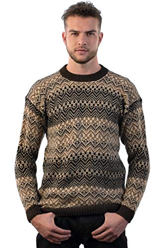 INTI ALPACA Men's Crewneck Fair Isle Alpaca Sweater in Brown
