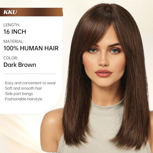 Image of KKU 16 Inch Dark Brown Human Hair Wigs for Women, Straight Human Hair Wig with Bangs,Remy Human Hair Wigs,Daily Wig