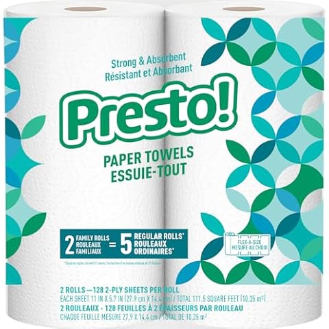 Amazon Brand - Presto! Flex-a-Size Paper Towels, 128 Sheet Family Roll, 2 Rolls (1 Packs of 2), 256 count, White Cover