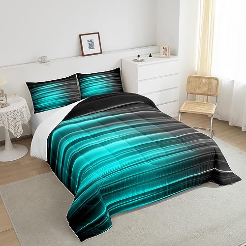 Image of Feelyou Teel Green Abstract Ombre Comforter Set Twin Size, Teel Green and Black Bedding Set Geometric Abstract Ombre Comforter Stripes Duvet Set Lightweight Quilt Set