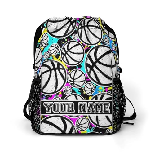Custom Basketball Drawstring Backpack - Cool Cinch Sack, String Backpacks with Pocket for Kids Women Men Boys Girls for Gym Outdoor Sports Travel Athletic Drawstring Bag - Lightweight/Foldable