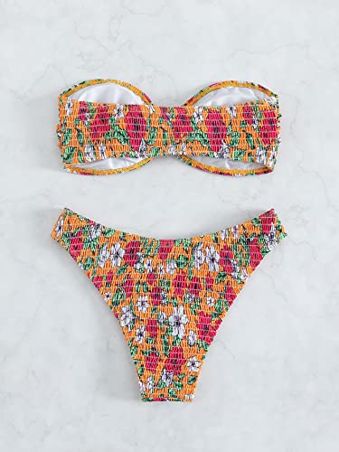 WDIRARA Women's Strapless Bandeau Smocked 2 Piece Swimsuit Floral Print O Ring Cheeky Bottom Bikini Set Bathing Suit Multicolor XL - Image 2