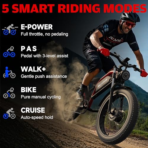 Image of Electric Bike for Adults,5000W /3000W Peak Dual Motor ebike 35MPH E Bikes for Men Women,52V 32 /23AH Battery, 80 /100 Miles Range Ebike,26 inchFat Tire Full Suspension E-Bike