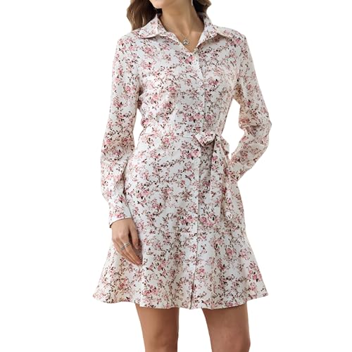 Image of Women's Long Sleeve Button Up Midi Belt Shift Collar Dress with Pockets for Work Office Business