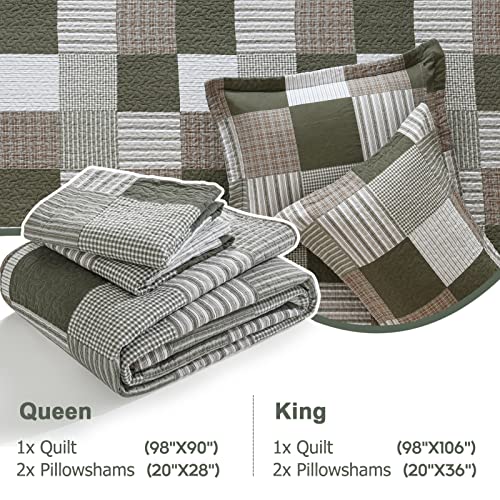 Image of Finlonte Quilts Queen Size - 100% Cotton Queen Comforter Set Green Moonbeam White Plaid Farmhouse Quilt Bedding Set, Reversible Lightweight Soft Bedspread, Quilted Coverlet All-Season, 3-Piece