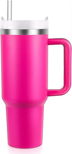 Vaso aislado al vacío de acero inoxidable de 40 onzas con tapa y popote para agua, batidos y más, té helado o café (rosa)