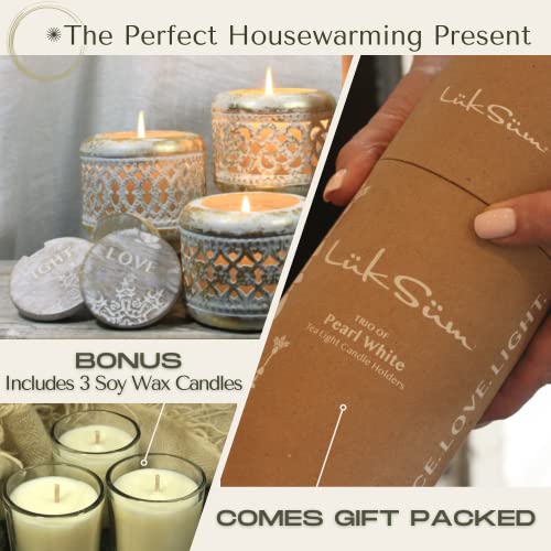 Gift Set Of Pearl White & Brushed Gold Tealight Boho Candle Holders. Includes 3 Unique Decorative Patterns, 3 Soy Wax Votive Candles, 3 Handcrafted Wood-Washed Lids With Etched Affirmations By Luksum #TOP1