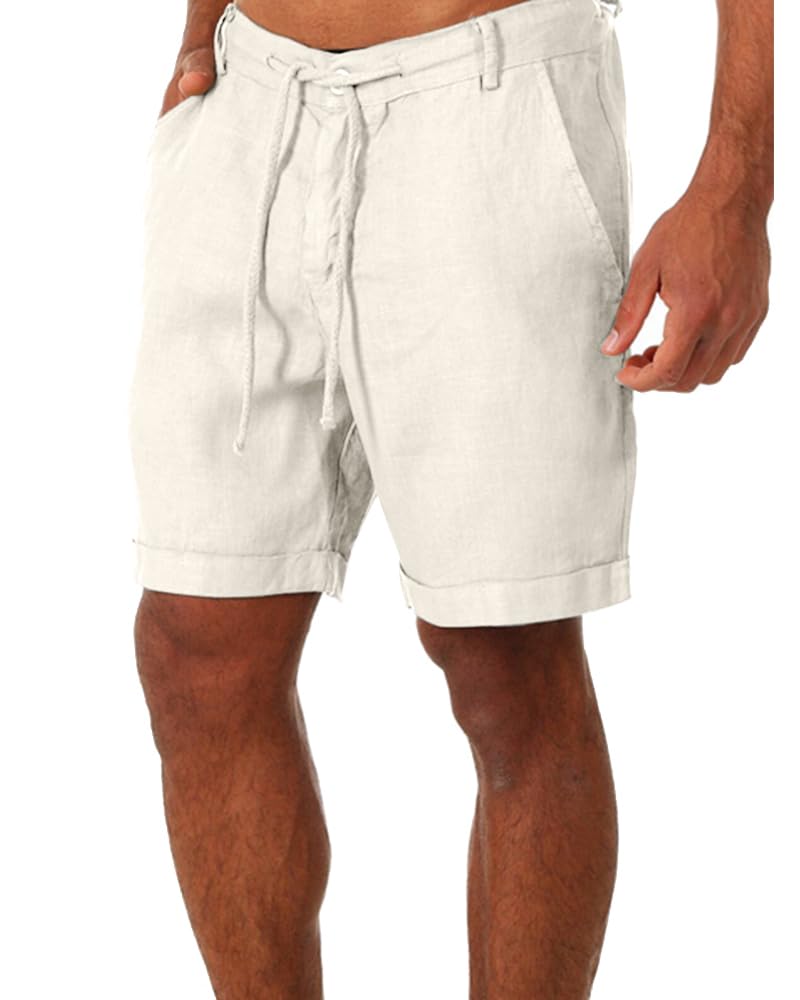Tongmingyun Pantalones cortos de lino para hombre, bermudas, informales, clásicos, cintura elástica, verano, playa, tabla ligera, ajustada, con bolsillos