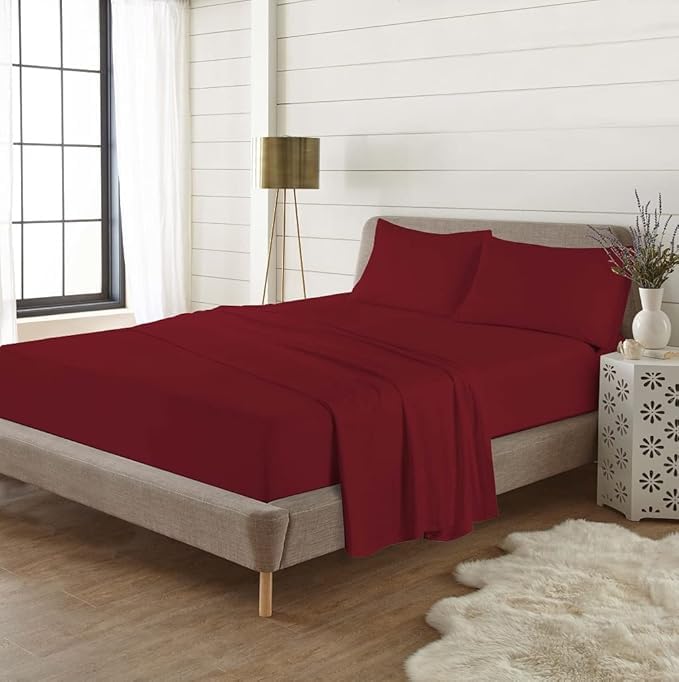 Bella Nights Flannelette Flat Sheet – 100% Brushed Cotton Ultra-Soft & Warm Plain Thermal Bed Sheet – Breathable & Cozy for All-Season Comfort (Red, Double)