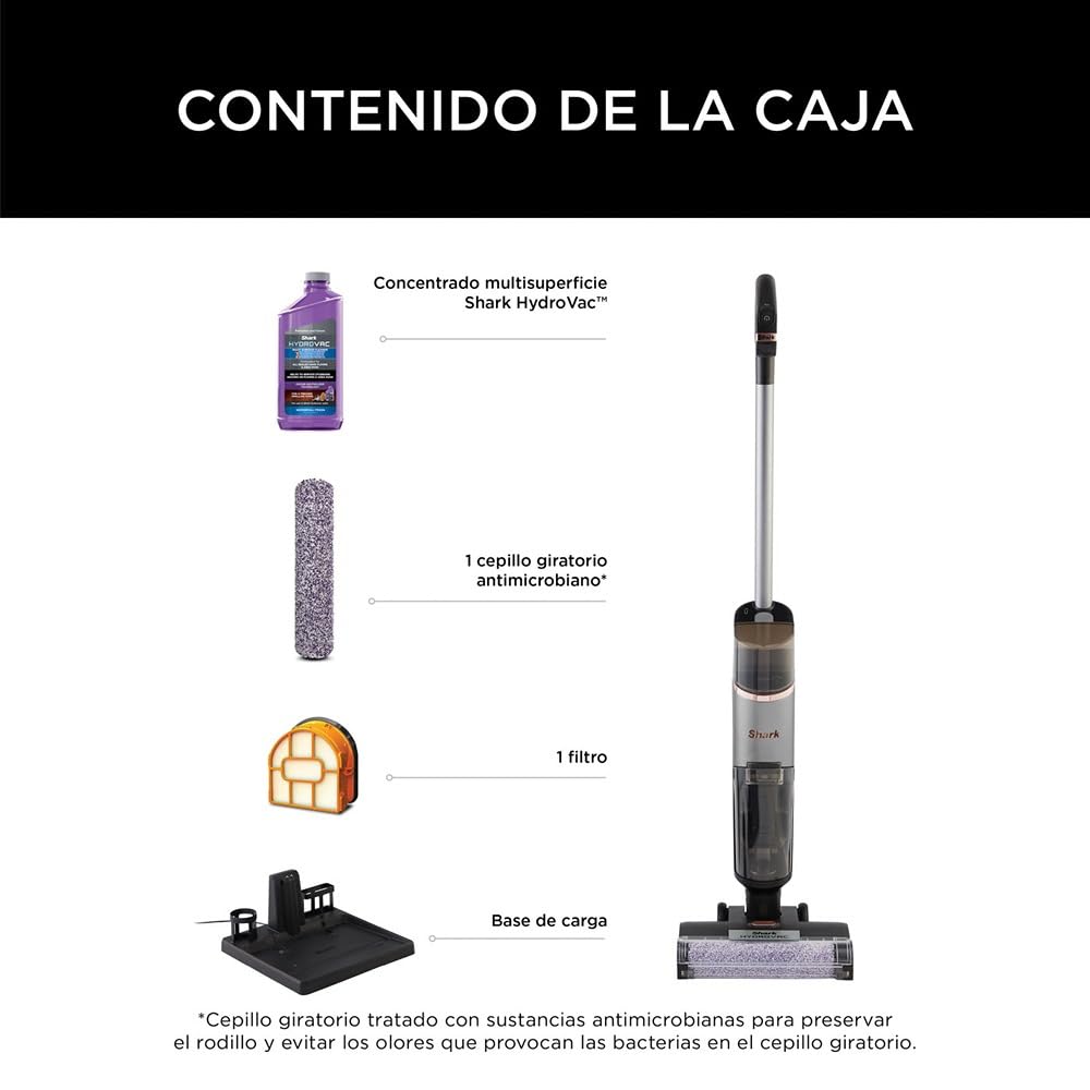 Shark HydroVac Aspiradora Mopa sin Cable para Limpieza en Seco y Húmedo - Aspira, Friega y se Autolimpia - Cepillo Antimicrobiano para Suelos Duros - Gris, WD210EU