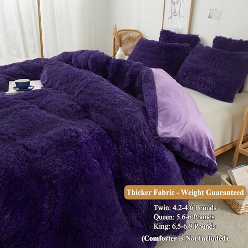 Image of XeGe Cozy Plush Shaggy Duvet Cover Luxury Soft Fluffy Furry Solid Color Boho Bedding for Girls Women Bedroom (1 Faux Fur Fuzzy Comforter Cover), Zipper Closure (King Size, Purple)
