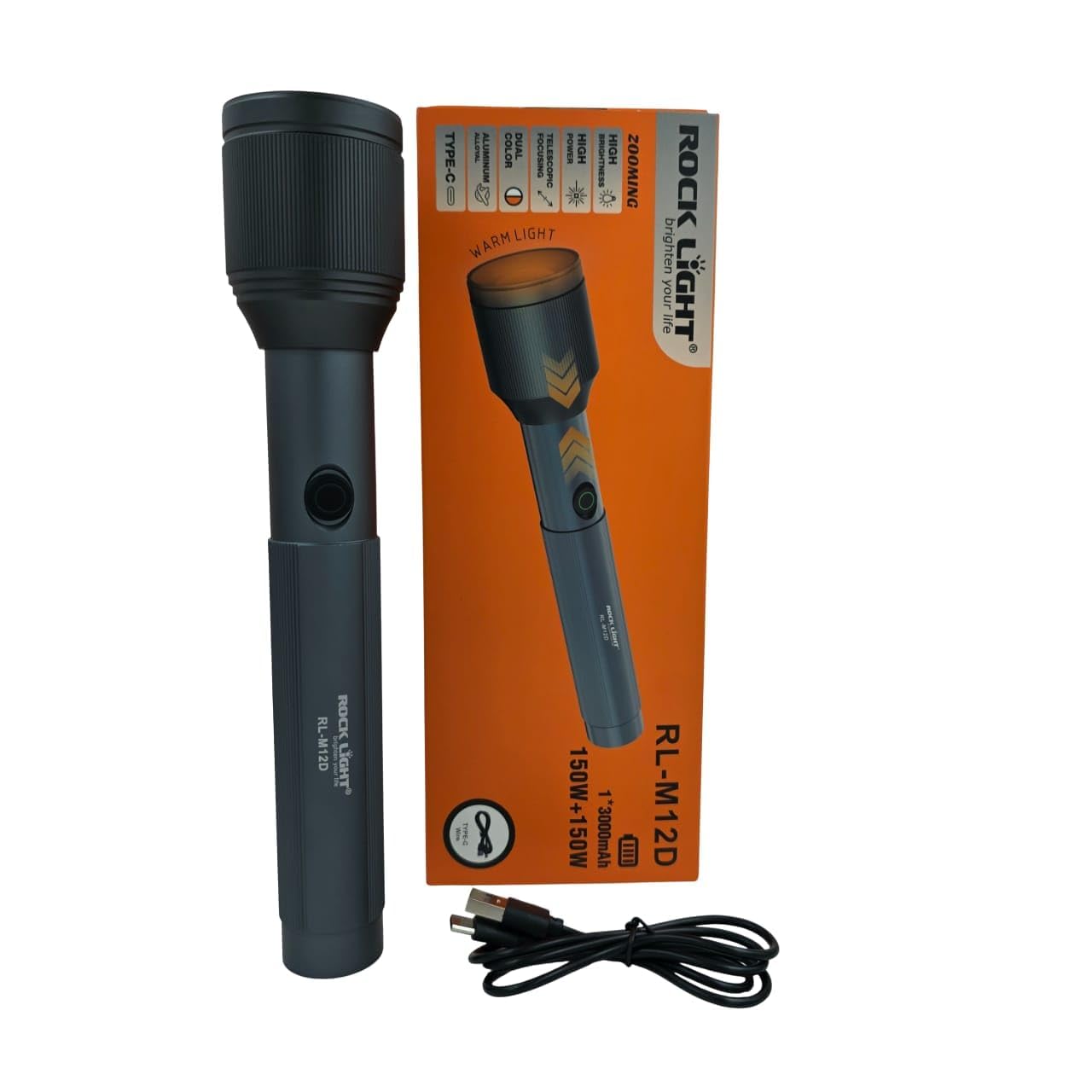 RL-M12D Rechargeable Metal Torch 150W+150W | 3000mAh Battery, Type-C Fast Charging, Warm & Cold Light Modes | Outdoor & Home Use-picture-42