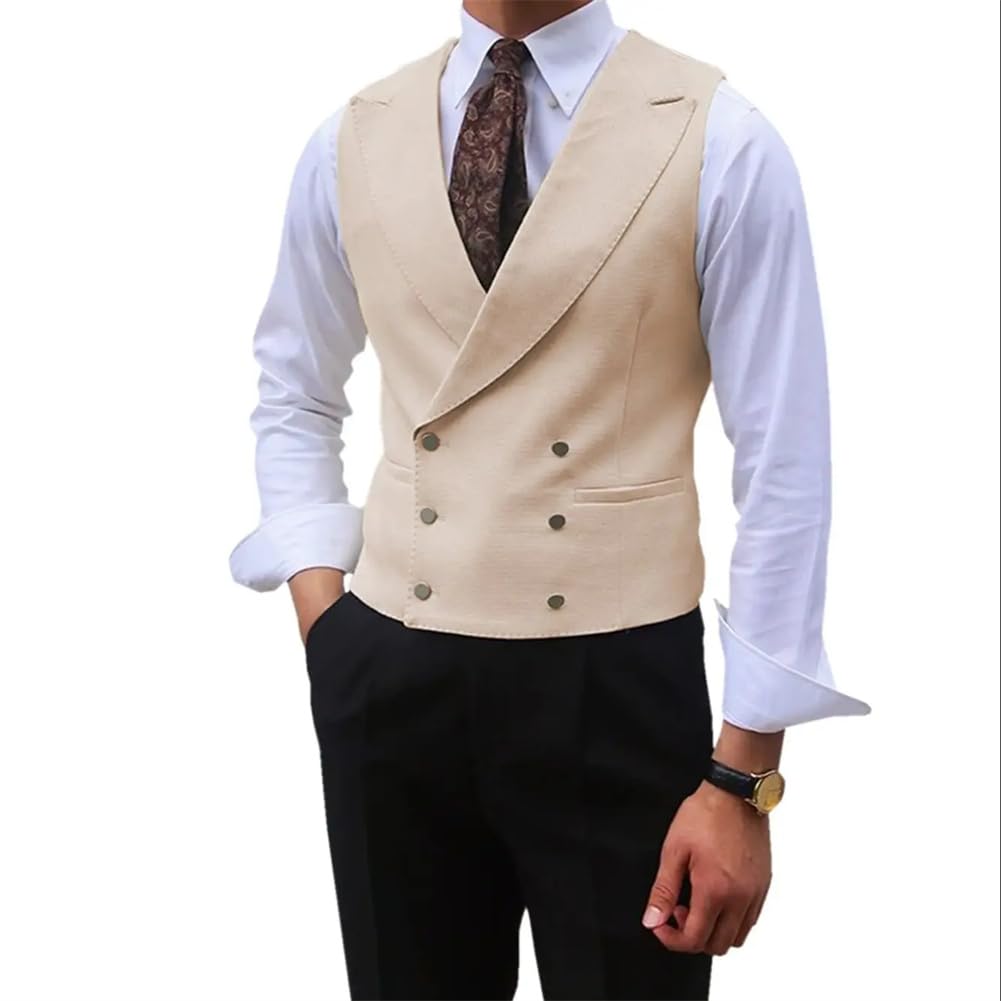 Niiyyjj Chaleco de traje de solapa para hombre, con doble botonadura, sin mangas, para boda, negocios, chaleco delgado