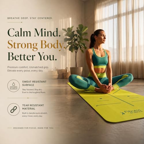 Image of Fitness Mantra TPE Yoga Mat for Women & Men | Anti-Slip Alignment Design | Premium Cushioning Exercise Mat for Yoga, Gym & Workout | Lightweight & Durable | 6mm Thickness |AlignFlow| Lime Green|