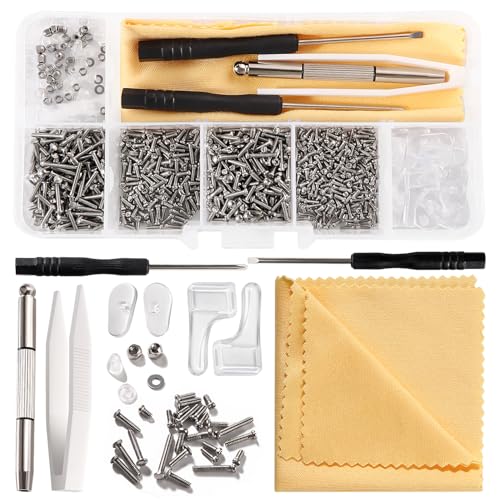 YIXISI 1000 Pièces Kit D'outils de Réparation de Lunettes, Kit de Vis de Réparation de Lunettes, avec Tournevis, Pincette, Plaquettes de Nez en Silicone,...