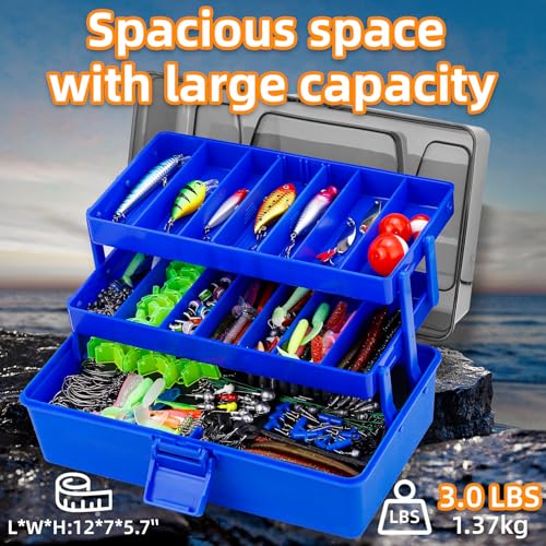 Japior Large 3 Layers Tackle Box with Tackle Included - 471 Pcs Fishing Gear Accessories Kit Contains Minnow,VIB,Crankbaits,Hooks, Weights,Other Accessories Fishing Gifts for Men and Adults - Thumbnail 2