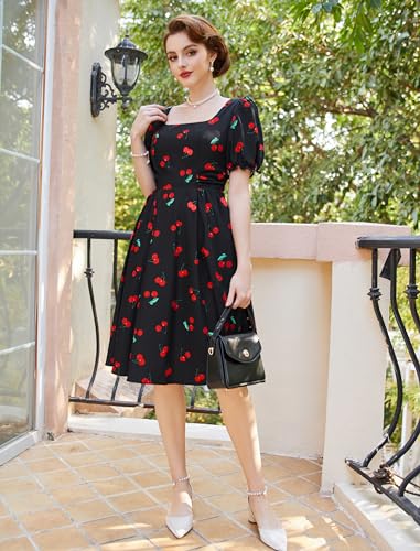 Image of Belle Poque Women's Vintage Midi Cottagecore Cocktail Dresses | Belle Poque Women's Vintage Cottage Core Dress,A-line,Midi,Square Neck,Homecoming Dress,Cocktail Dress,Sun Dress