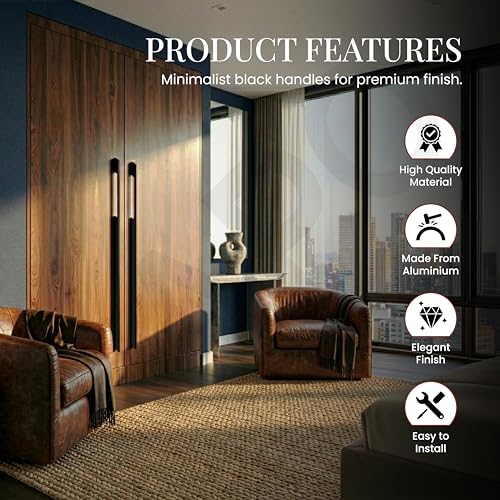 Image of LAPO 3 Piece Wardrobe Handle 24 inch, Pull Handles, Long Wardrobe Handle with Comfy Grip, Aluminum Handle for Kitchen, Bedroom, Office, Cabinet Wardrobe with Screws (Black, 600mm (24 inch) M-FB