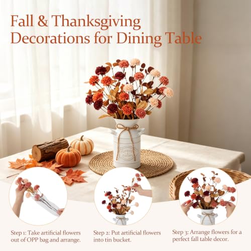 Image of Fall Thanksgiving Table Decorations, Farmhouse Centerpieces for Tables | Fall Thanksgiving Table Centerpieces Decor for Home Dining Table with Artificial Ball Chrysanthemums, Vintage Metal Vase
