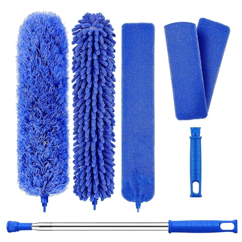 GEEZY 6 Piece Microfiber Duster Set with Extendable Pole 16-100 - Telescopic Feather Duster, Chenille Head & Crevice Brush - Blue Bendable Long Reach Cleaning Tools for Ceilings, Blinds & Fans