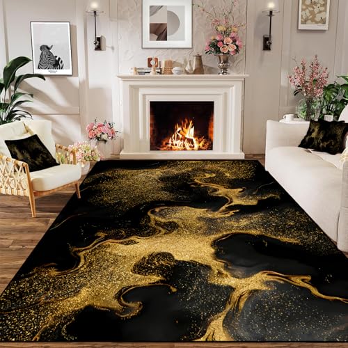 Tapete abstracto mármol 160x210 cm antideslizante negro dorado miniatura 1