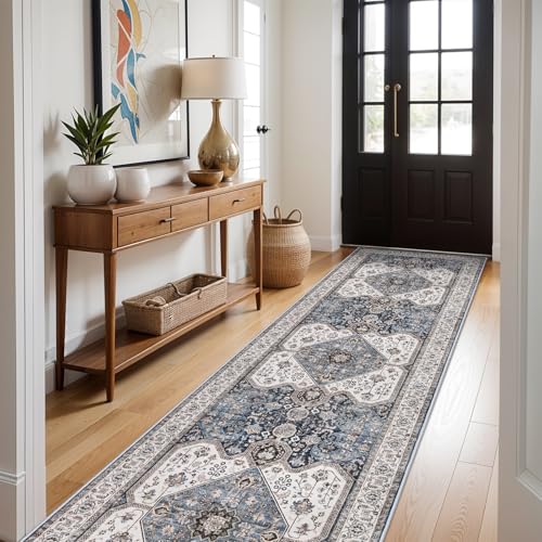 RUUGME Washable 3X12 Runner Rugs - Boho Rugs for Living Room Stain Resistant Carpet Vintage Rugs for Bedroom Kitchen with Non Slip Backing Home Decor Floor Decoration Mat 3x12 Navy