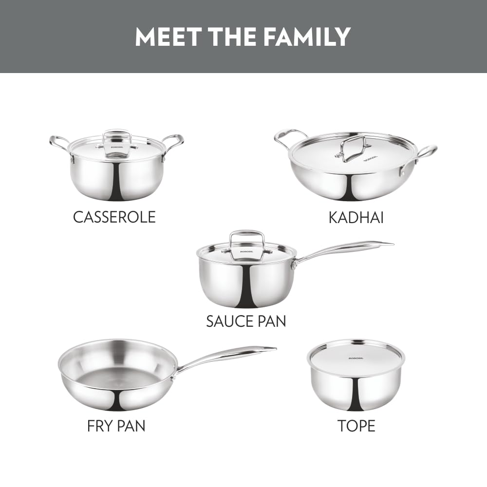 Borosil Cookfresh Tri-ply Casserole Steel Handle | SS304 Food Grade Steel, Dishwasher Safe | Compatible for Gas, Induction, Hot Plate, Halogen | 5 Years Warranty (2.8 L) 4