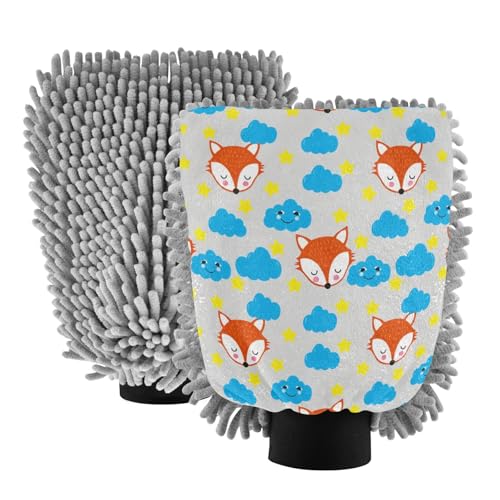 Kigai Cute Cartoon Fox Car Wash Mitt Microfiber, 2Pcs Scratch Free Lint-Free, Premium Chenille Microfiber Mitt Car Wash Brush-L