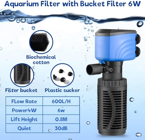Image of Fish Tank Filter - Silent Internal Aquarium Filter for Clean Water, Air Pump, and Waves - Biochemical Filtration for Healthy Fish and Turtles (6W-600L /H, Black)