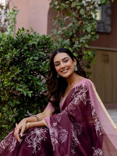 Image of SIRIL Women's Printed Cotton Linen One Minute Ready to Wear Saree With Unstitched Blouse Piece