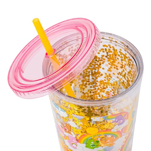 Image of Silver Buffalo Care Bears Rainbow Stars, Plastic Cold Cup, 32oz | Funshine, Grumpy, Good Luck, Bedtime, Cheer and Tenderheart, Confetti, Lid and Straw, 0.95 Liters