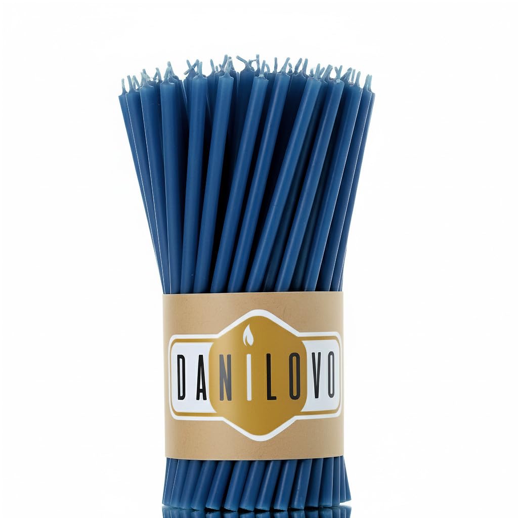 Danilovo Pure Beeswax Candles - No-Drip, Smoke-Less, Tall, Thin Taper Candles – Decorative Candles for Church Prayer, Decor or Birthday Candles – Honey Scented Candles – 6.4”x0.22” (Blue, 50pcs)