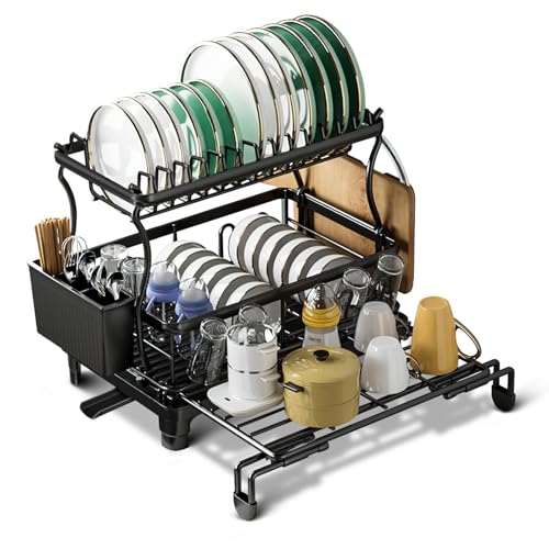 POFEZERL Escurridor de Trastes, Escurridor de Platos 2 Niveles Ajustable 360 ° Drenaje, Escurridors de Trastes Grande para Cocina Soporte para Portavasos y Tabla de Cortar (Negro)