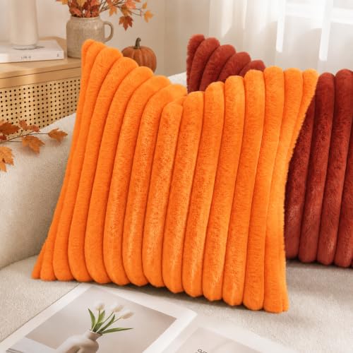 Image of decorUhome Fall Cozy Faux Fur Throw Pillow Covers 26x26 Set of 2 Decorative Soft Plush Striped Modern Farmhouse Boho Couch Euro Sham Pillow Cases with Velvet Back for Sofa Bed Living Room, Orange