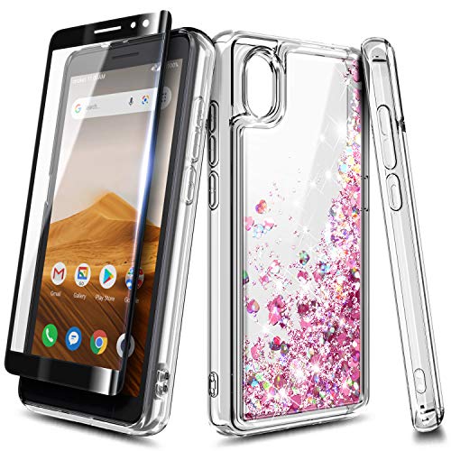 NZND Case for Alcatel Apprise/Glimpse, Alcatel 1B (2020 Release) with Tempered Glass Screen Protector (Full Coverage), Sparkle Glitter Flowing Liquid Quicksand, Women Girls Cute Case (Rose Gold)