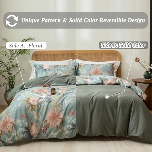 MILDLY Cal King Size Duvet Cover Set 100% Long-Staple Cotton Luxury Vintage Floral Patten Reversible Comforter Cover Set 3Pcs