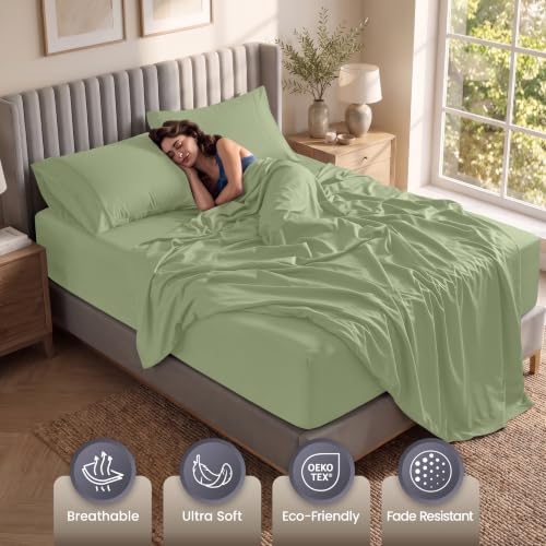 Extra Deep Pocket King Sheet Set - 4PCs Fits Up to 21 Inches - Sage by Utopia Bedding - Used condition - Image 4