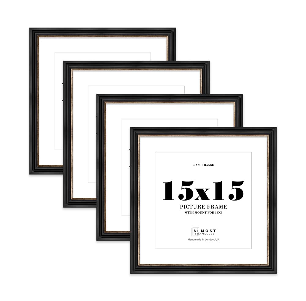 15x15" Black and Gold Picture Frame - 15x15" Square Frame with 13x13" Mount for 15x15"/13x13" Pictures Vintage Style Wall Art, 4 Pack