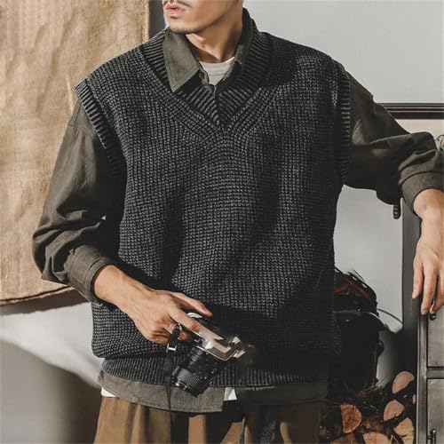 Vintage Winter Sleeveless Men Sweater Vest Solid Fashion Loose Patchwork Pullover V-Neck Knitted Tank Tops4