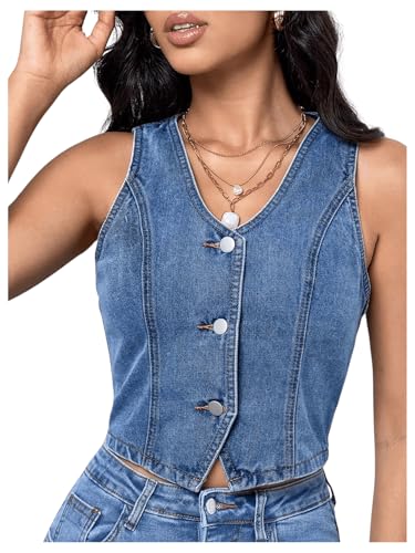 OYOANGLE Women's Denim Top Vests Sleeveless Button Down V Neck Jean Waistcoat Jacket