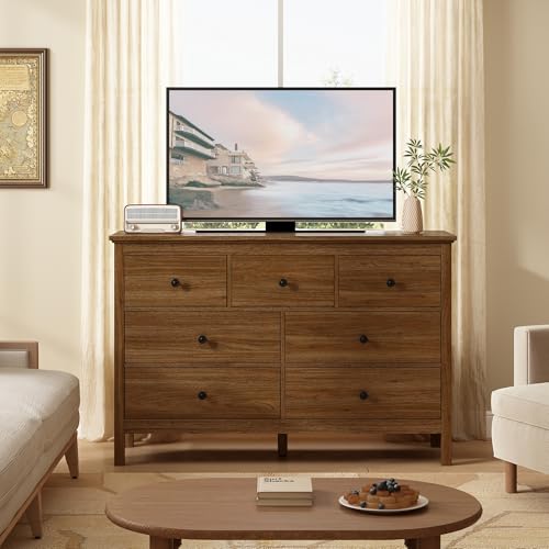 Image of CARPETNAL 47 inch Walnut Dresser for Bedroom with 7 Drawer & Metal Handles