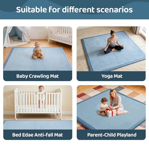 Image of Baby Play Mat for Floor, 1.3 Inch Thick Memory Foam Tummy Time Mat with Non Slip Backing, Soft Coral Velvet 59X79 Inch Playpen Mat Crawling Tatami for Infants Toddlers Kids, Midnight Blue
